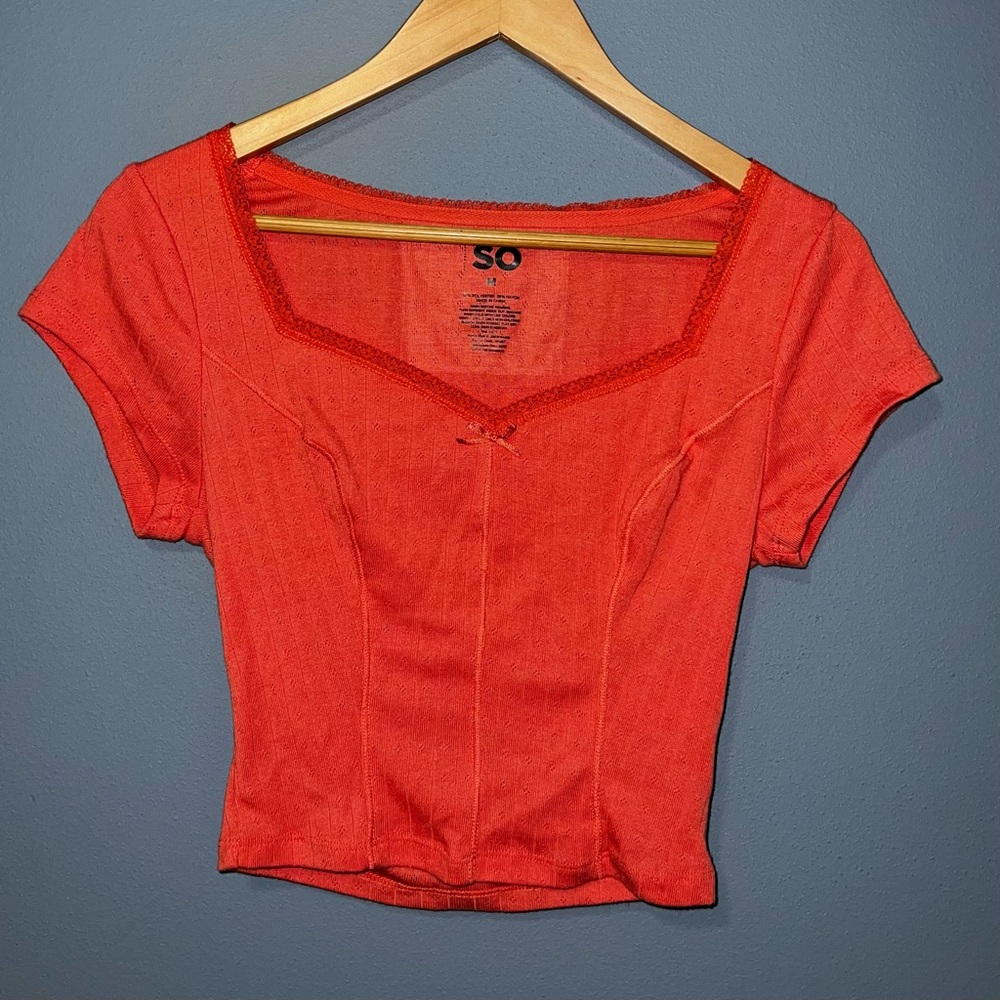 coral/orange sweetheart neckline lace top